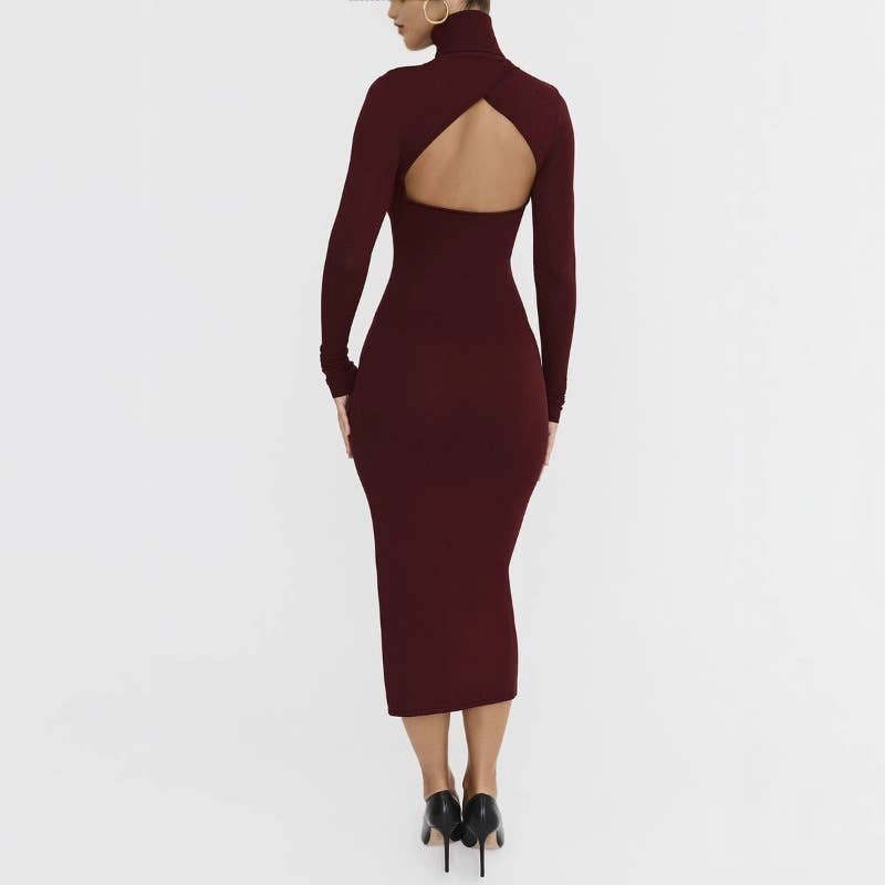 SEXY CUTOUT SLIM HIGH NECK SLIT MIDLENGTH DRESS
