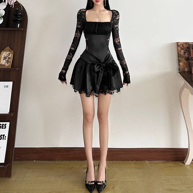 LACE PATCHWORK PLEATED BOW SQUARE COLLAR DRESS