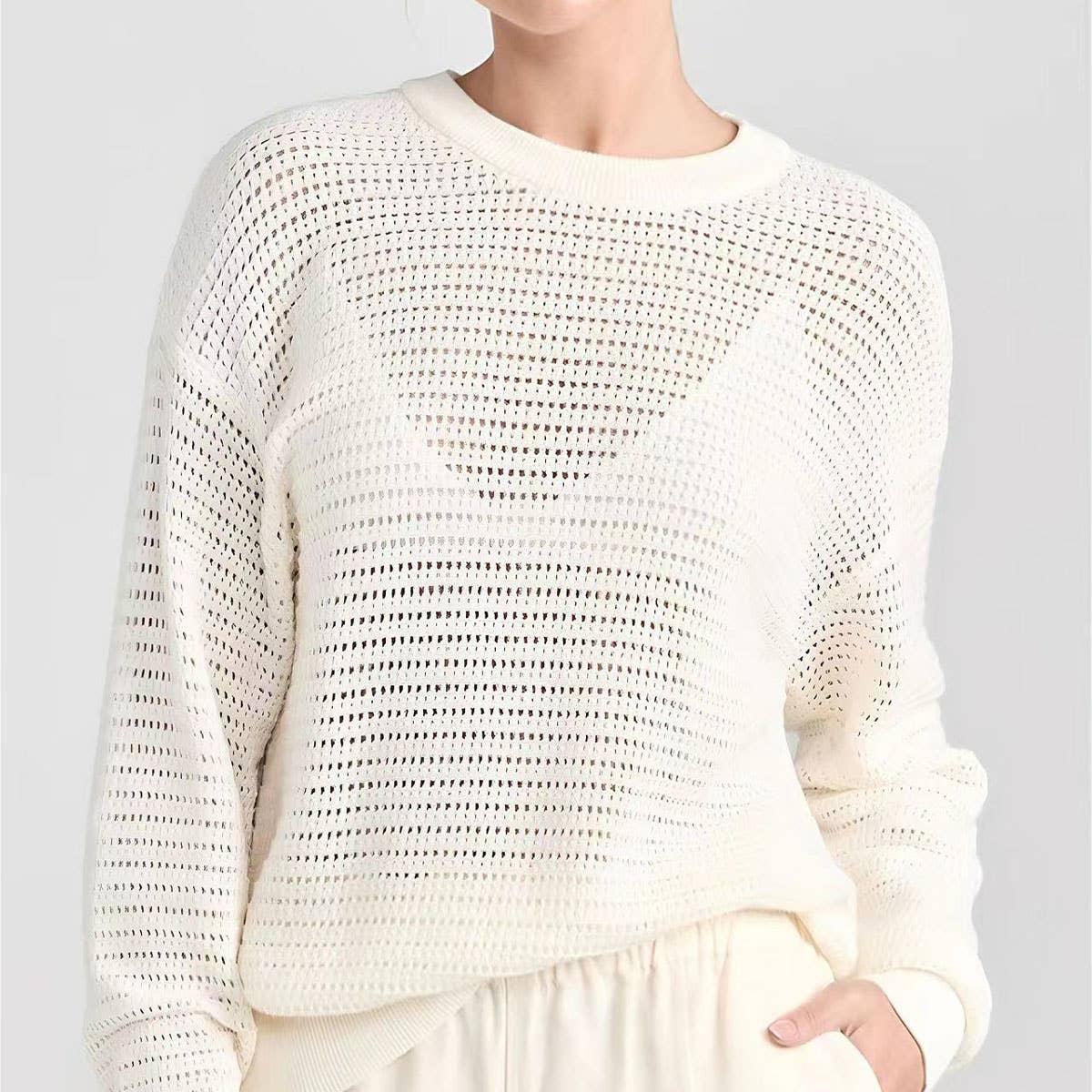 SOLID COLOR HOLLOW LOOSE LAZY ROUND NECK SWEATER