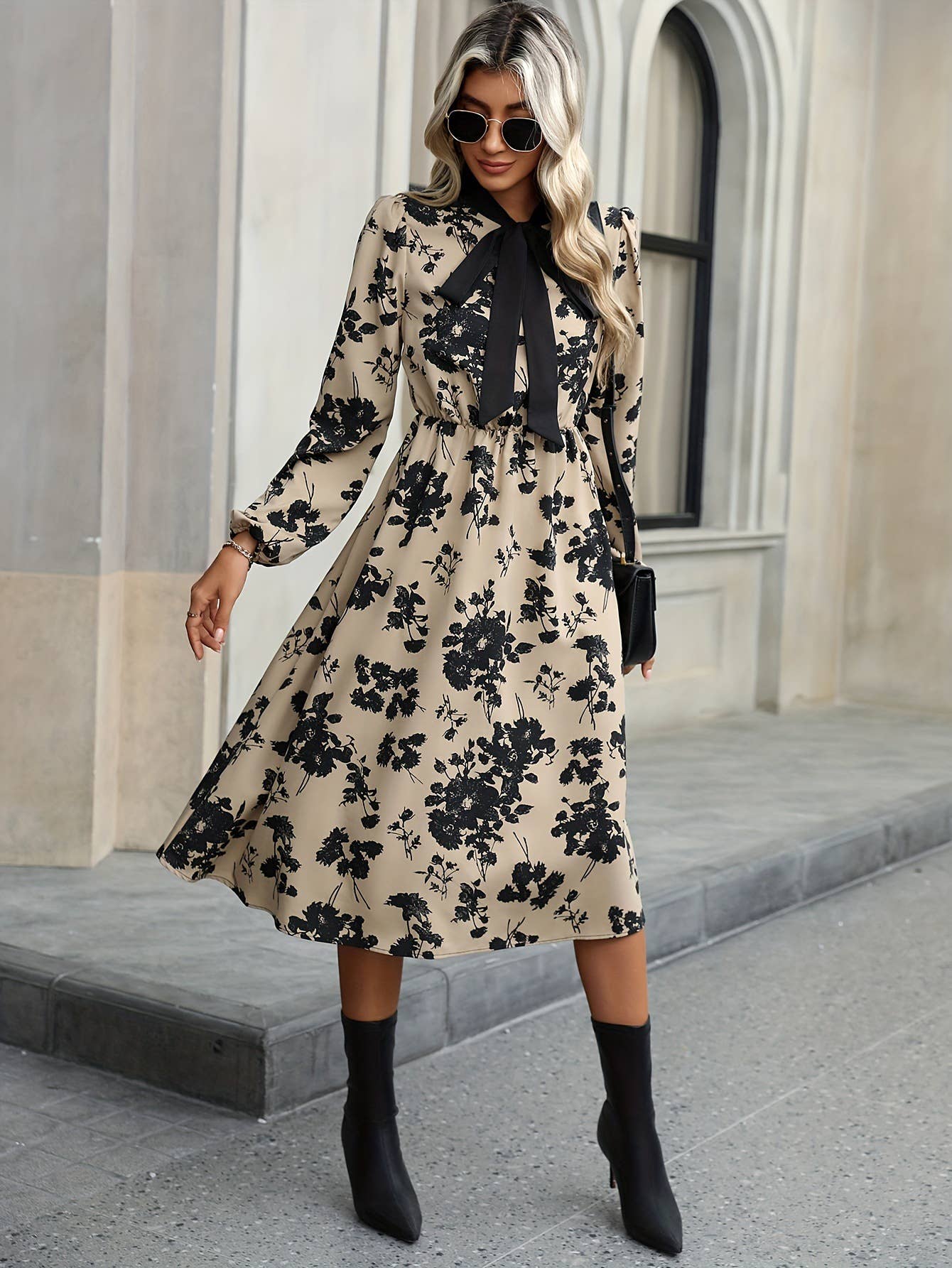 Mid-length A-line floral dress with lace neckline