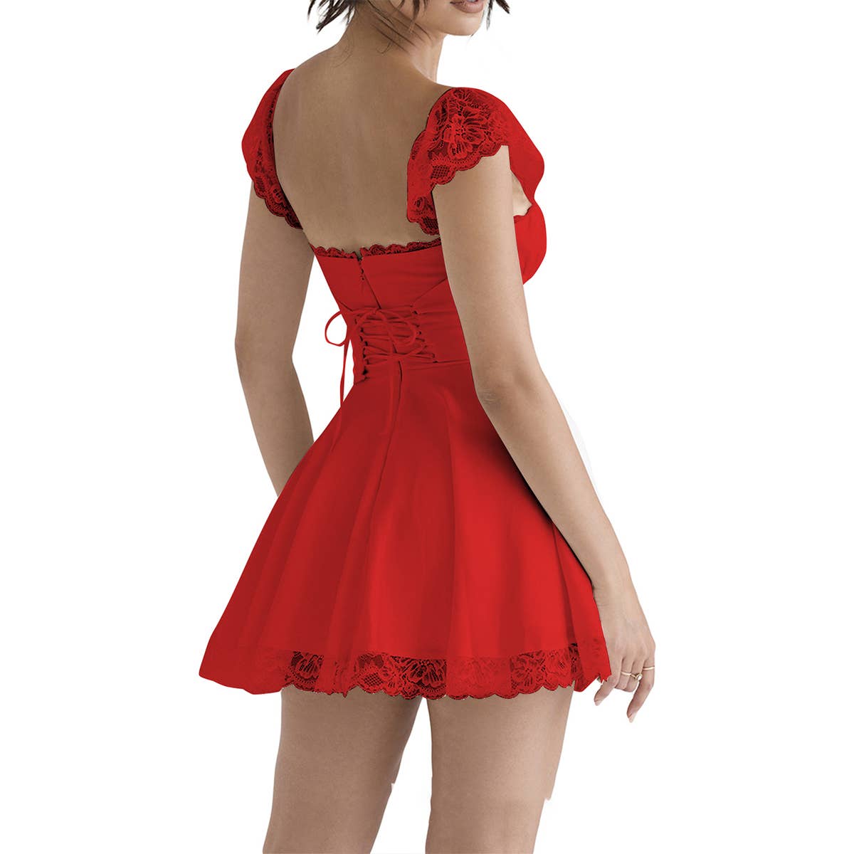 Lace-trimmed square-neck fitted backless dress