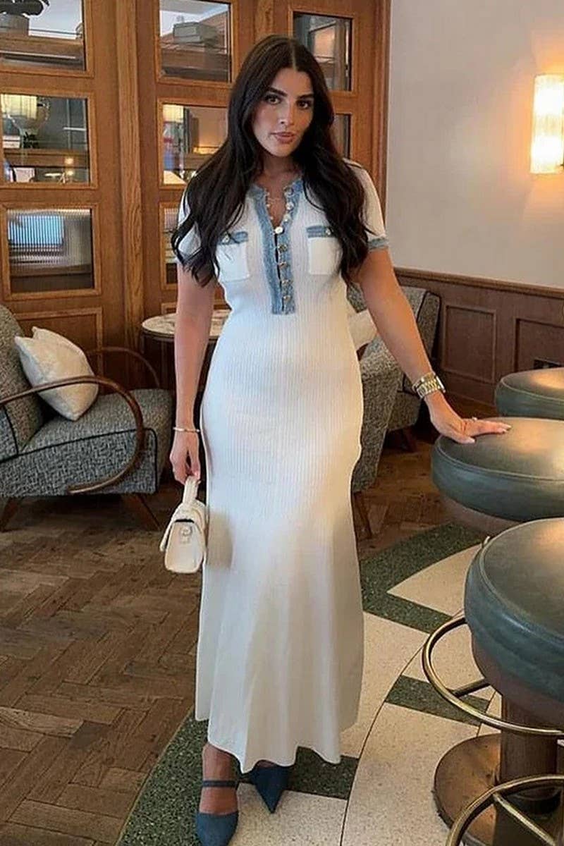 CWDMD4141_DENIM PATCHWORK KNITTED SHORT-SLEEVED DRESS