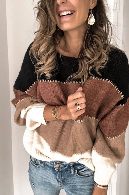 Cwoswl3115_Colorblock Crew Neck Mid-Length Knitted Sweater