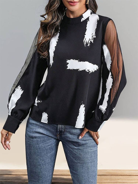 Lace patchwork long-sleeved stand-up shirt