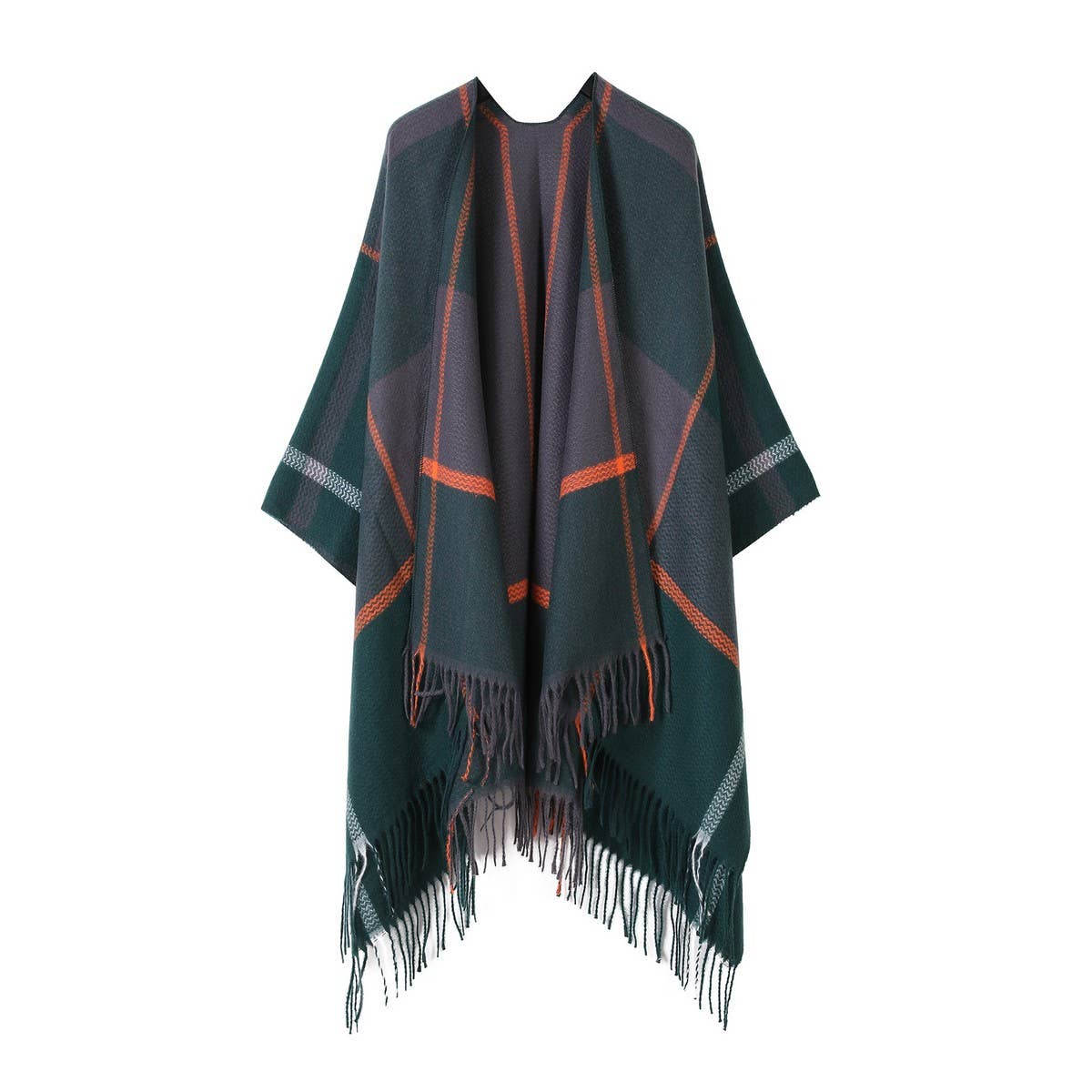 FRINGED SHAWL PLAID SCARF FAUX CASHMERE SLIT CAPE