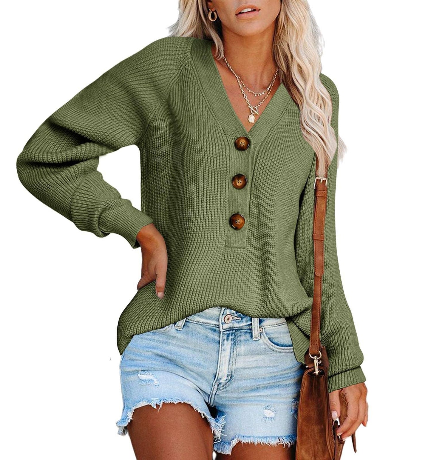 KNIT PULLOVER V-NECK SINGLE BREASTED SWEATER