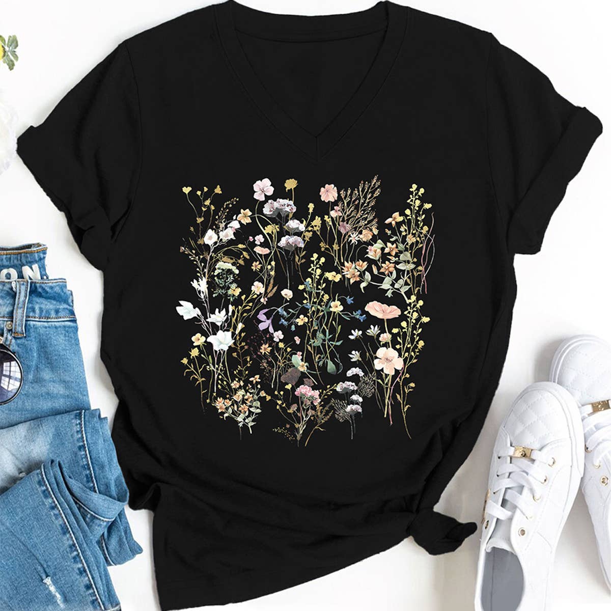 Floral V-Neck Graphic Tee for Women, Loose Fit