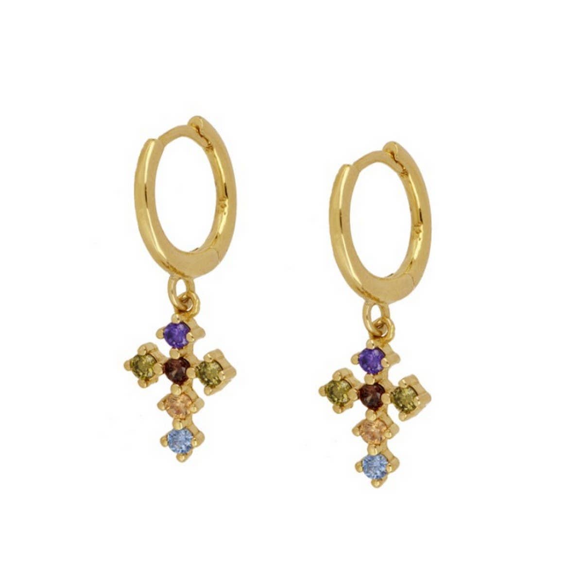 COLORFUL FRENCH CROSS DIAMOND EARRINGS