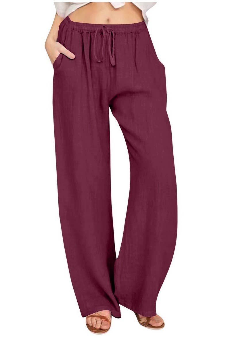 CWBLP2030_CASUAL ELASTIC WAIST TIE LOOSE SOLID PANTS