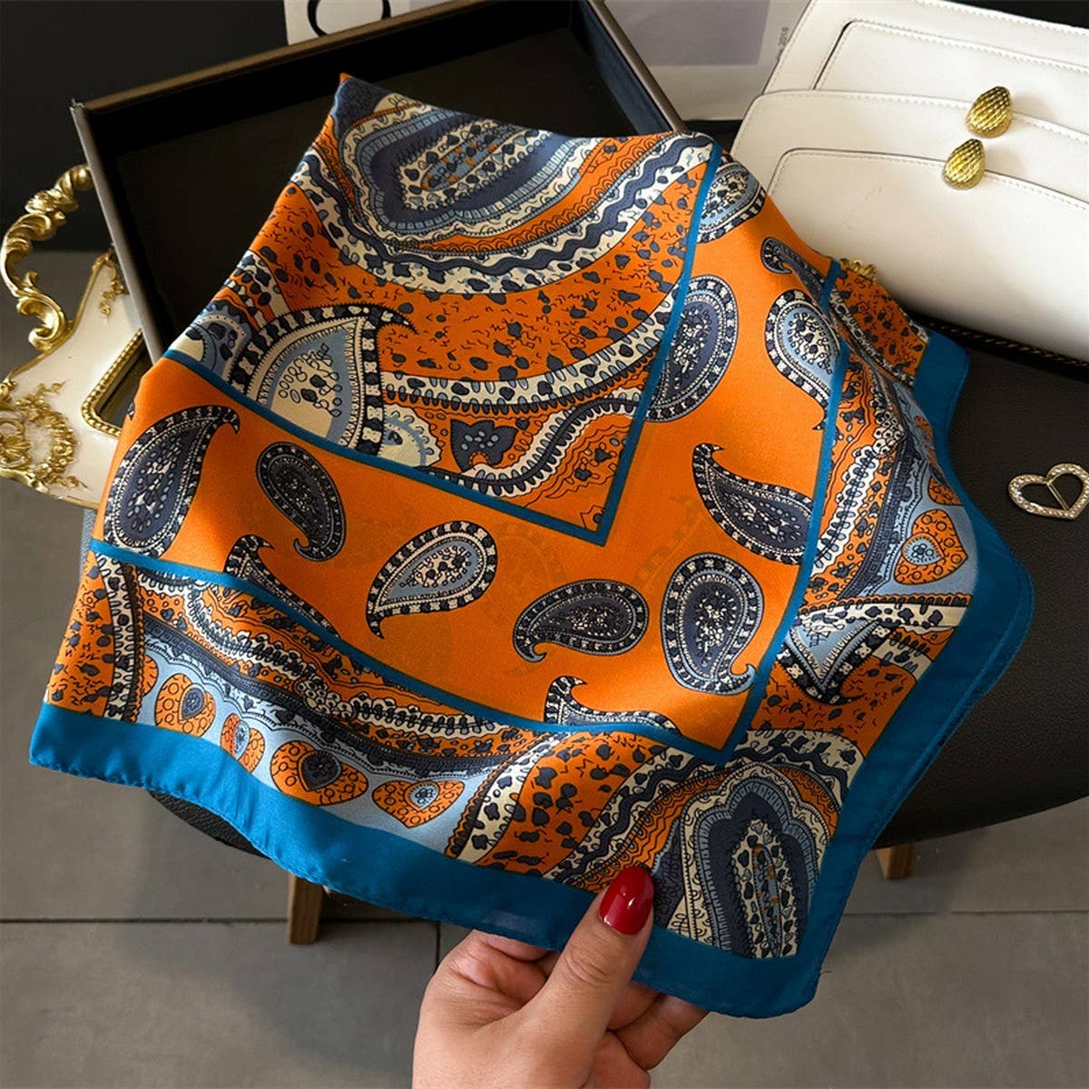 Lotus & Peony Print Satin Square Scarf for Summer