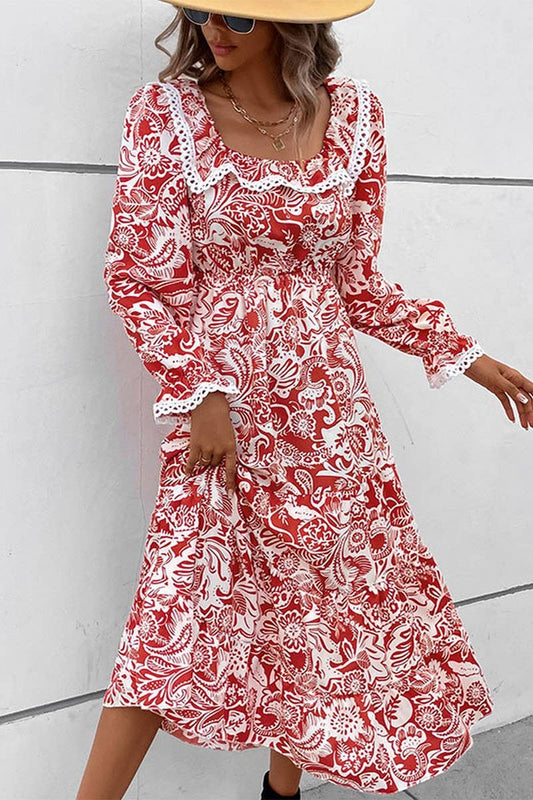 CWDMD4542_SPRING AND AUTUMN LONG SLEEVE RED PRINTED DRESS