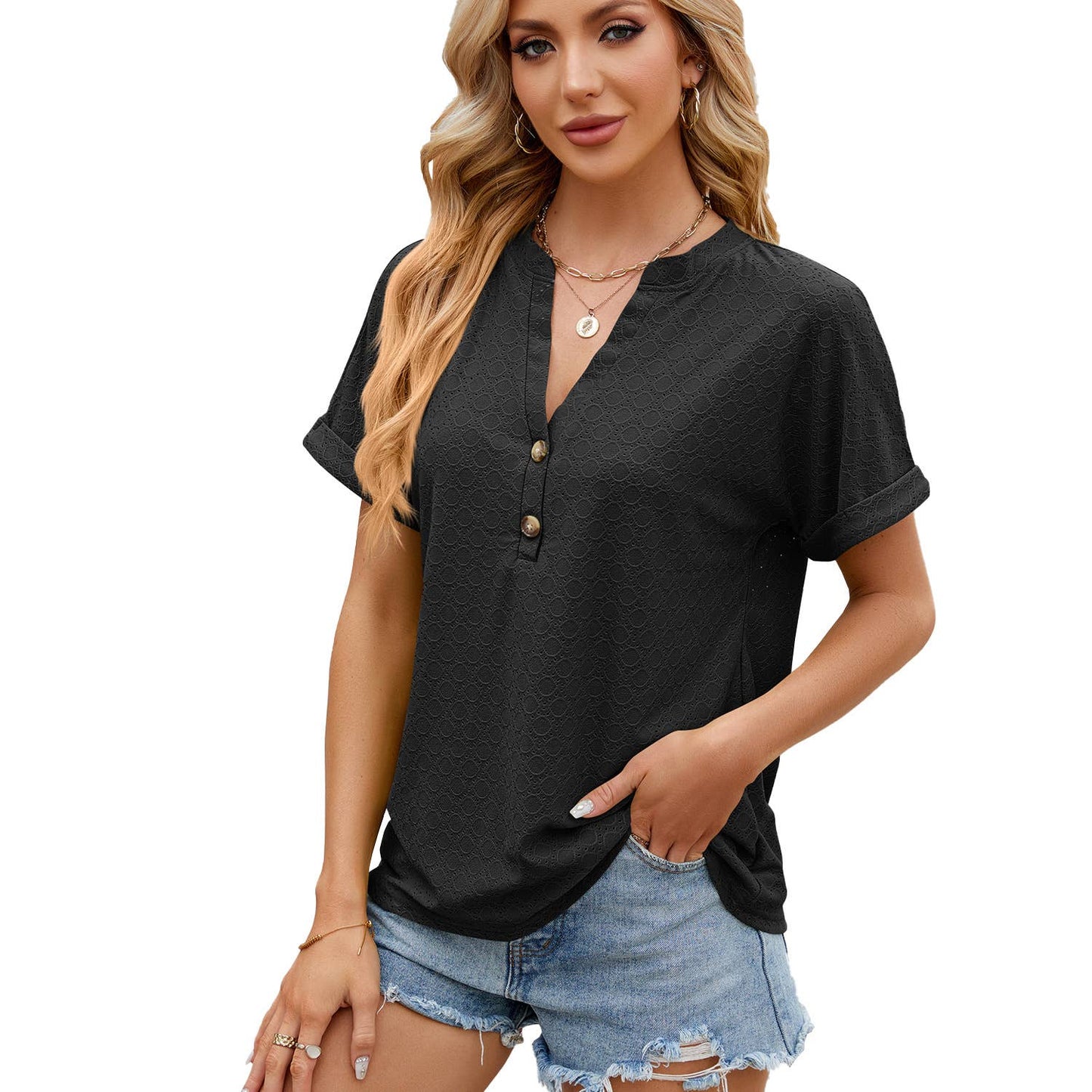 Solid color V-neck loose short-sleeved T-shirt