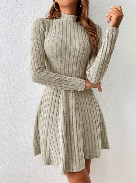 KNIT CASUAL SEMI-TURTLENECK PIT STRIPE DRESS
