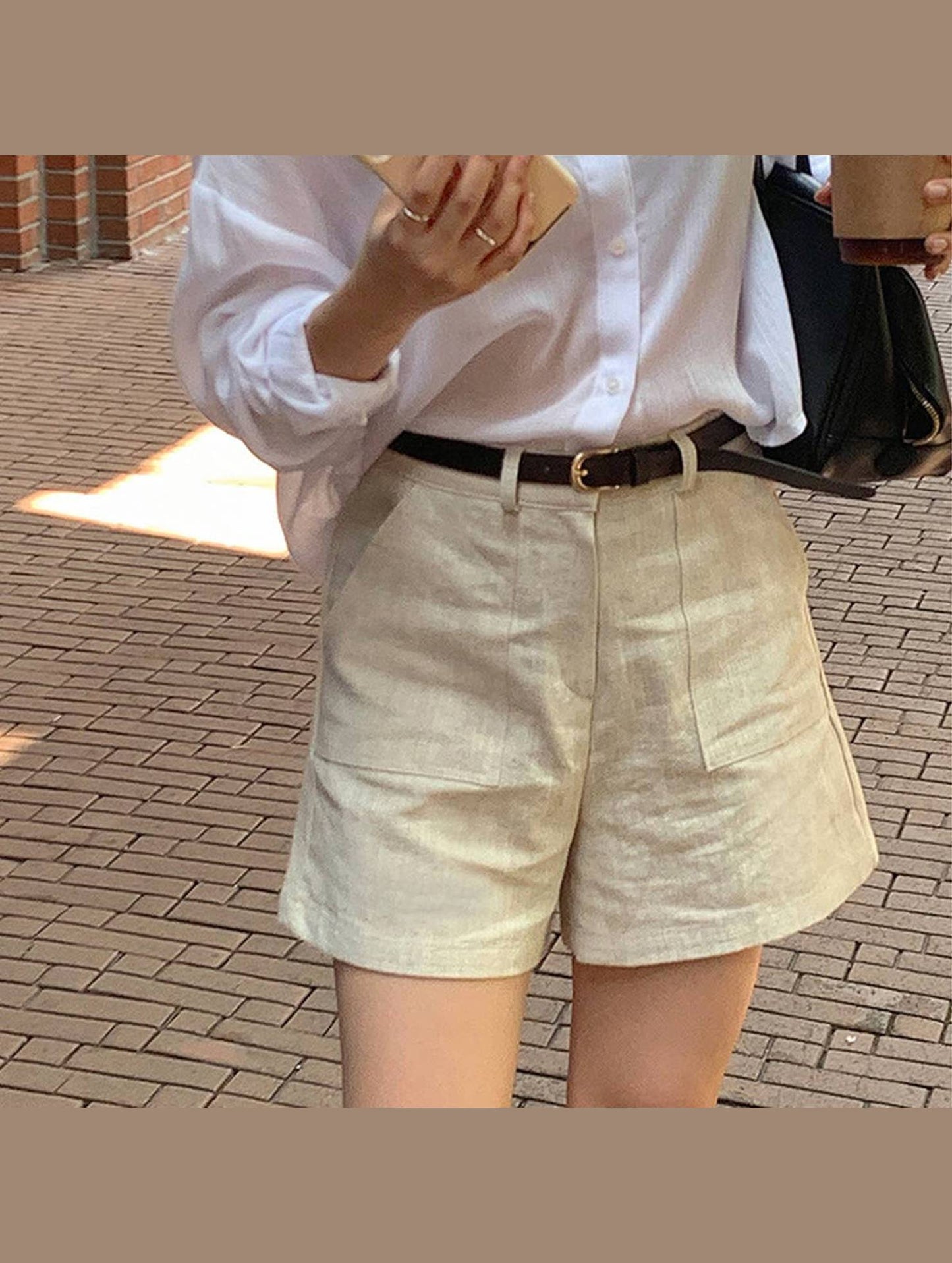 COTTON AND LINEN DOUBLE-POCKET SHORTS_CWBLP0742