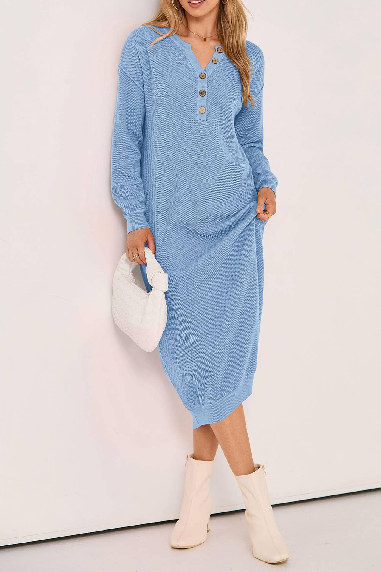 LONG-SLEEVED BUTTON-DOWN V-NECK SWEATER DRESS