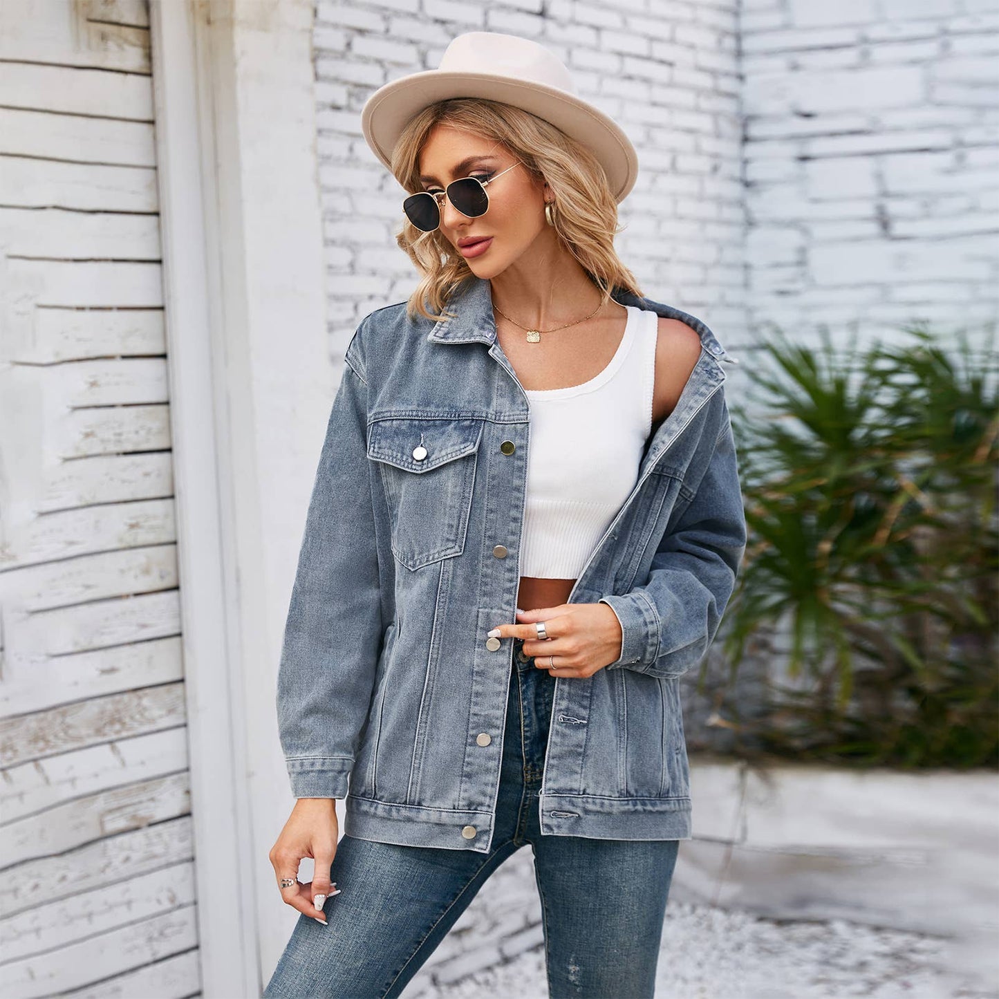 WASHED LOOSE DENIM JACKET MID-LENGTH TOP