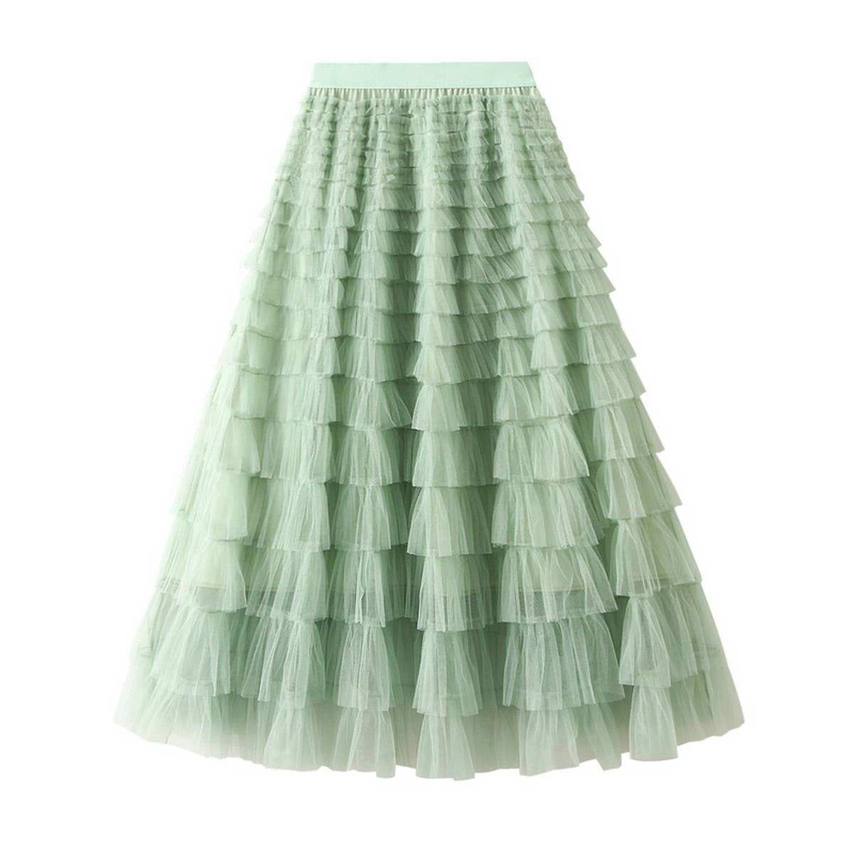 White Tulle Tiered Pleated A-Line Maxi Skirt