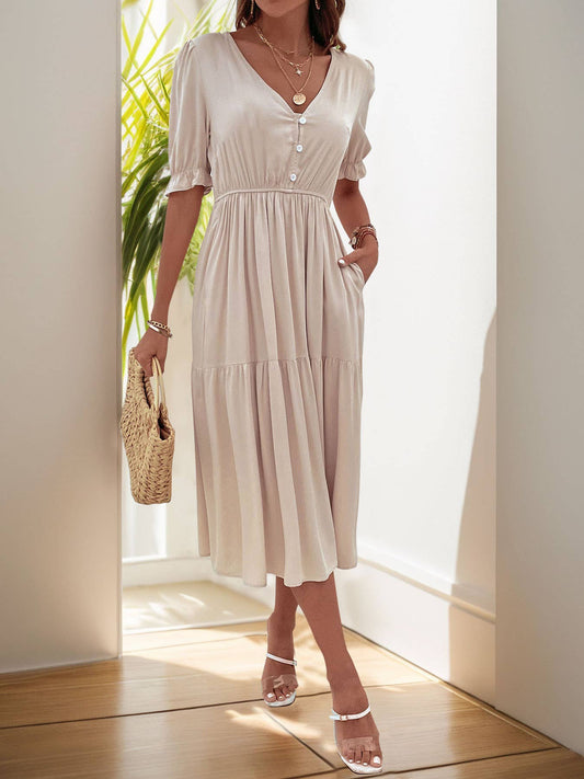 SOLID COLOR DRESS WITH WAISTED V-NECK