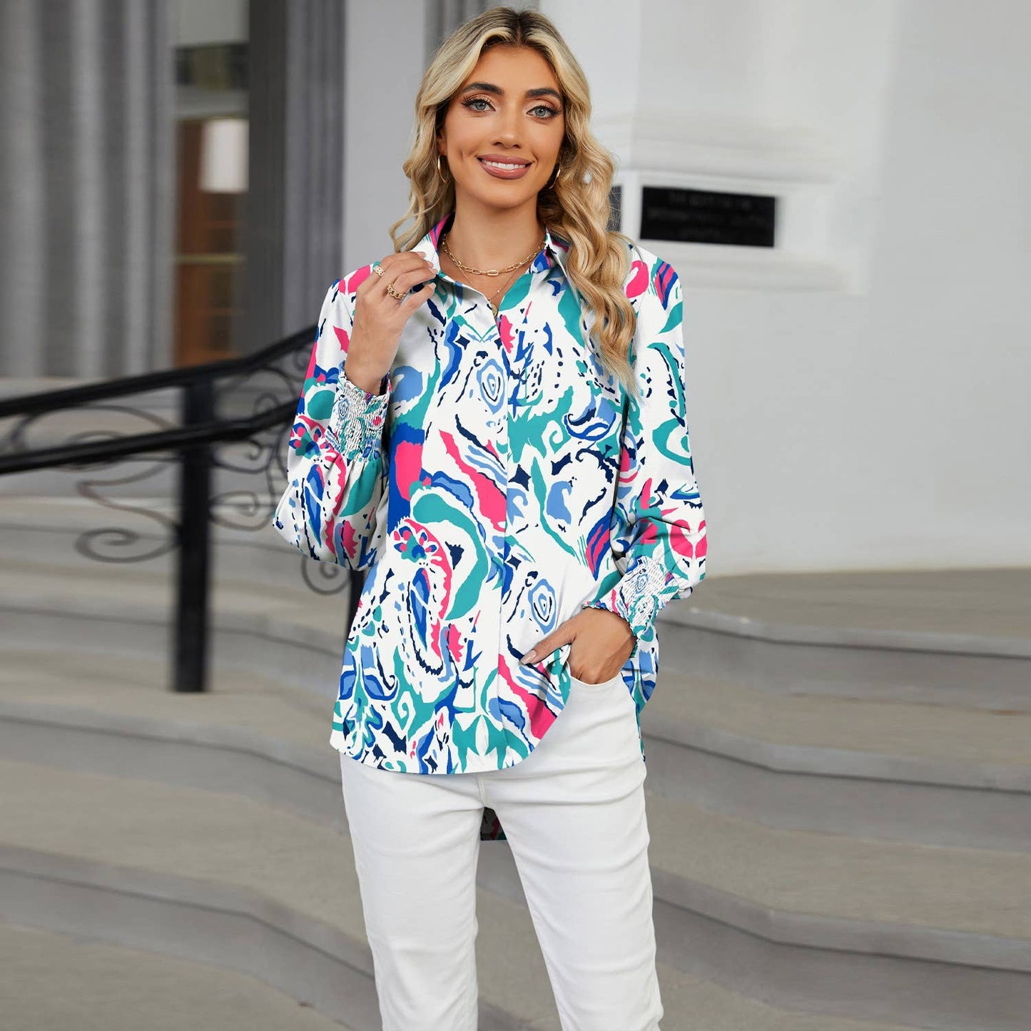 LAPEL FLORAL PRINT CASUAL LONG-SLEEVED SHIRT
