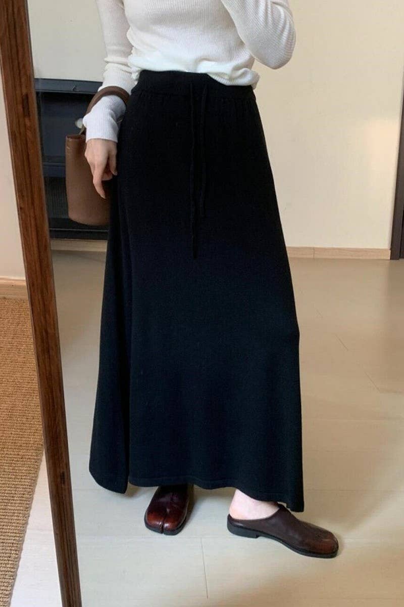 CWBLS0300_SOLID COLOR DRAWSTRING LONG KNIT SKIRT