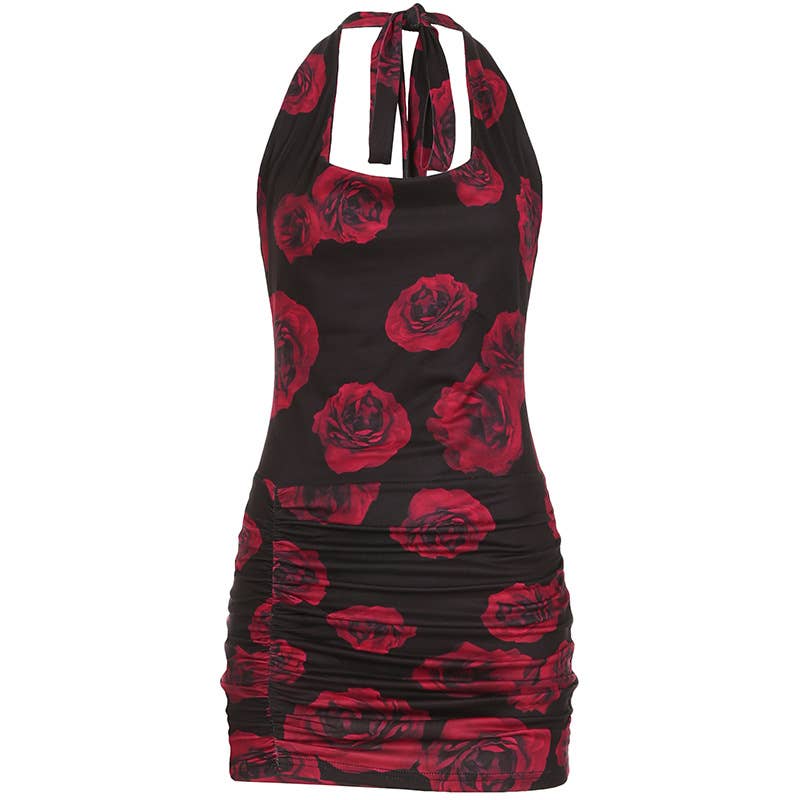 Sexy floral print halter cropped pleated dress