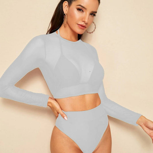 Long Sleeve Cover-Up Bikini Set - High Waist Swimsu