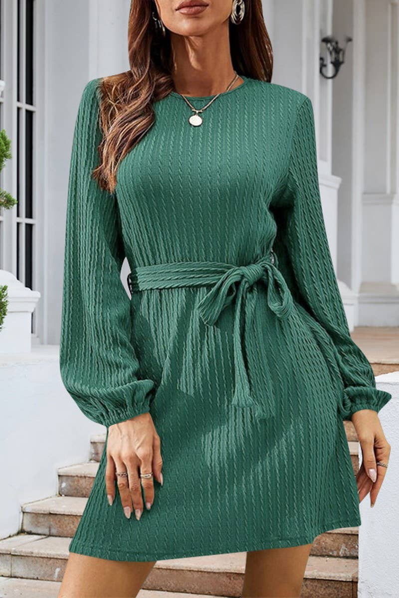 CWDSD7222_NEW STYLE CABLE KNITTED PUFF SLEEVE CASUAL DRESS