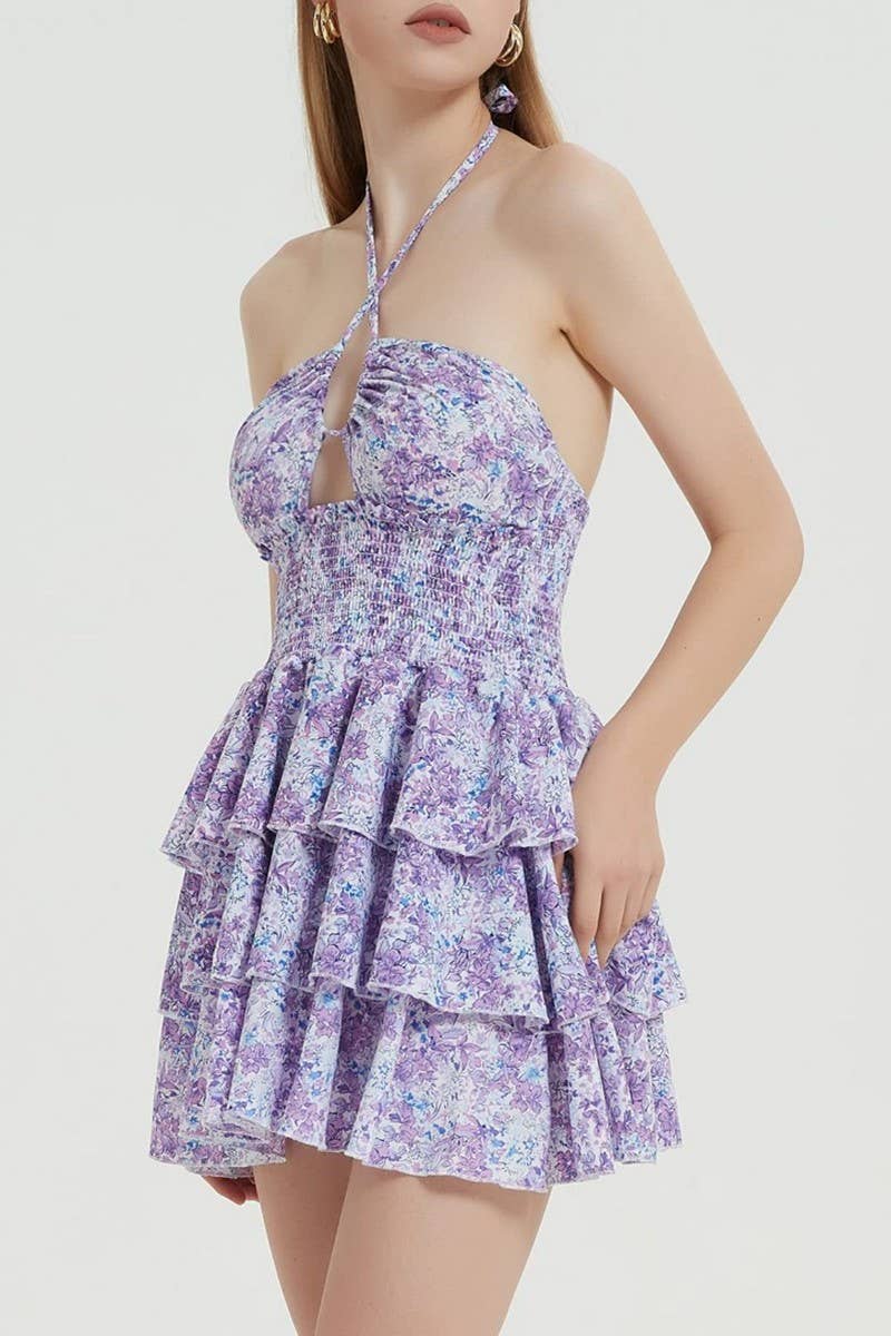 CWDHL1031_FLORAL HALTER WAIST RUCHED PUFF ROMPER DRESS