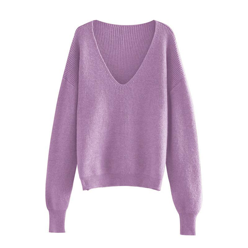 SLOUCHY SOLID COLOR V-NECK PULLOVER SWEATER LADY
