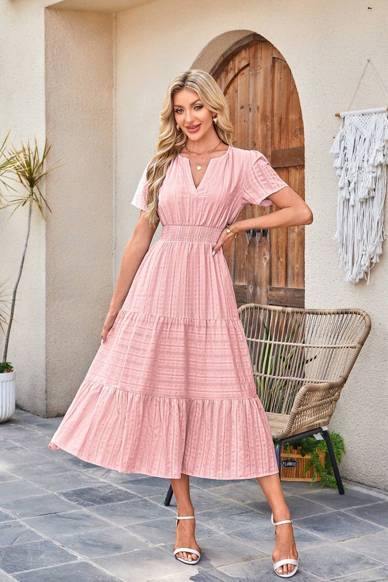 CWDMD6338_V-NECK PLEATED PUFF SLEEVES LONG-SLEEVED DRESS