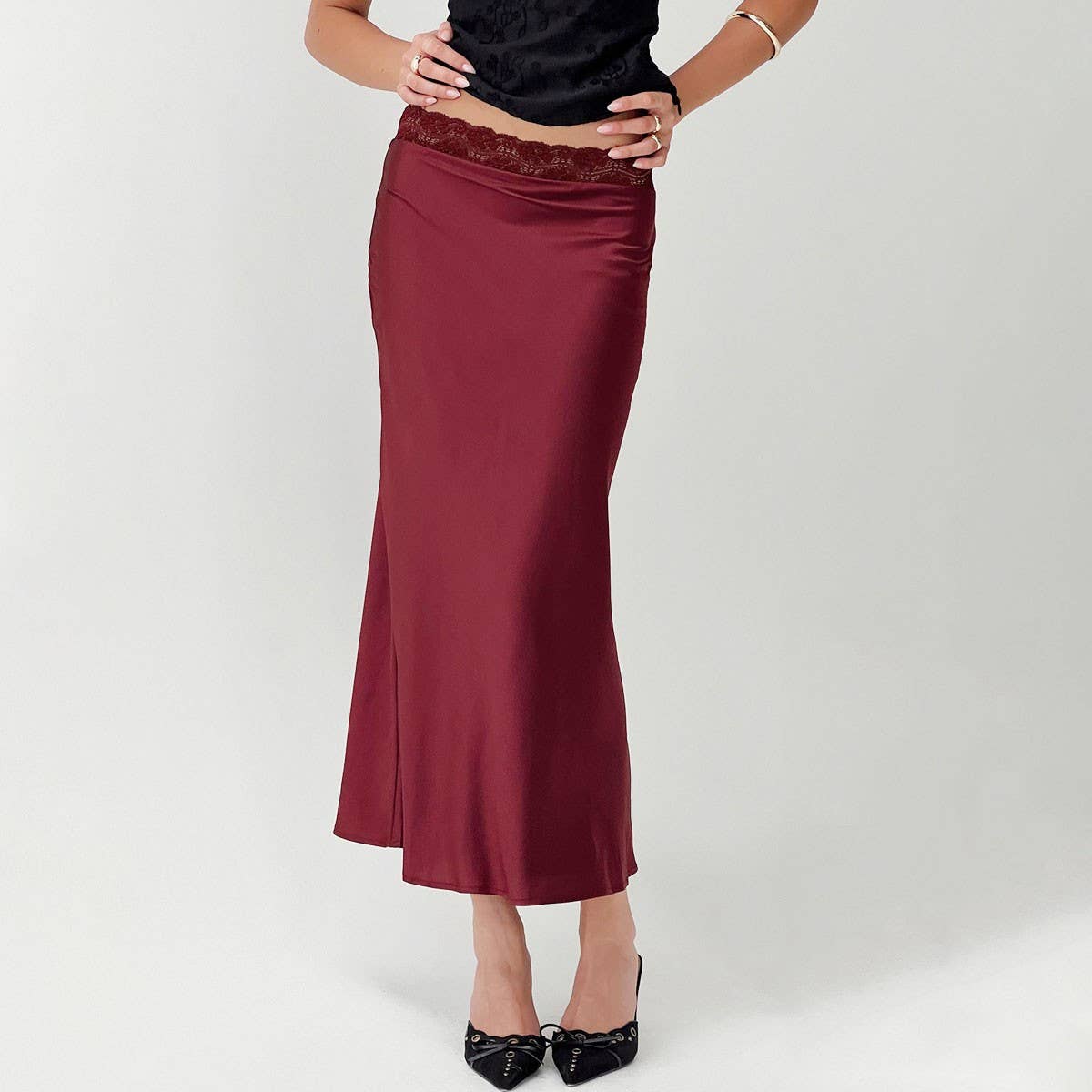 LACE WAIST SATIN SKIRT ELASTIC HIP LONG SKIRT