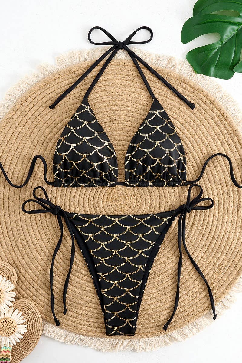 CWMW0875_SEXY SHINY LACE-UP TWO-PIECE BIKINI SWIMSUIT