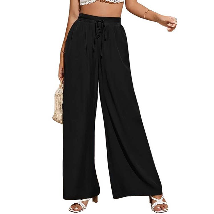 Solid-color loose tight waistband wide-leg pants