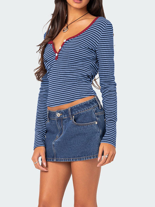STRIPED KNIT BUTTON COTTON LONG SLEEVE T-SHIRT