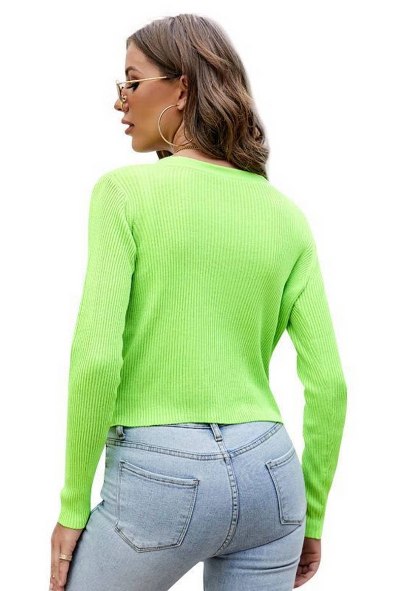 CWOCAL0779_V-NECK SINGLE-BREASTED HIGH-WAIST KNITTED CARDIGA