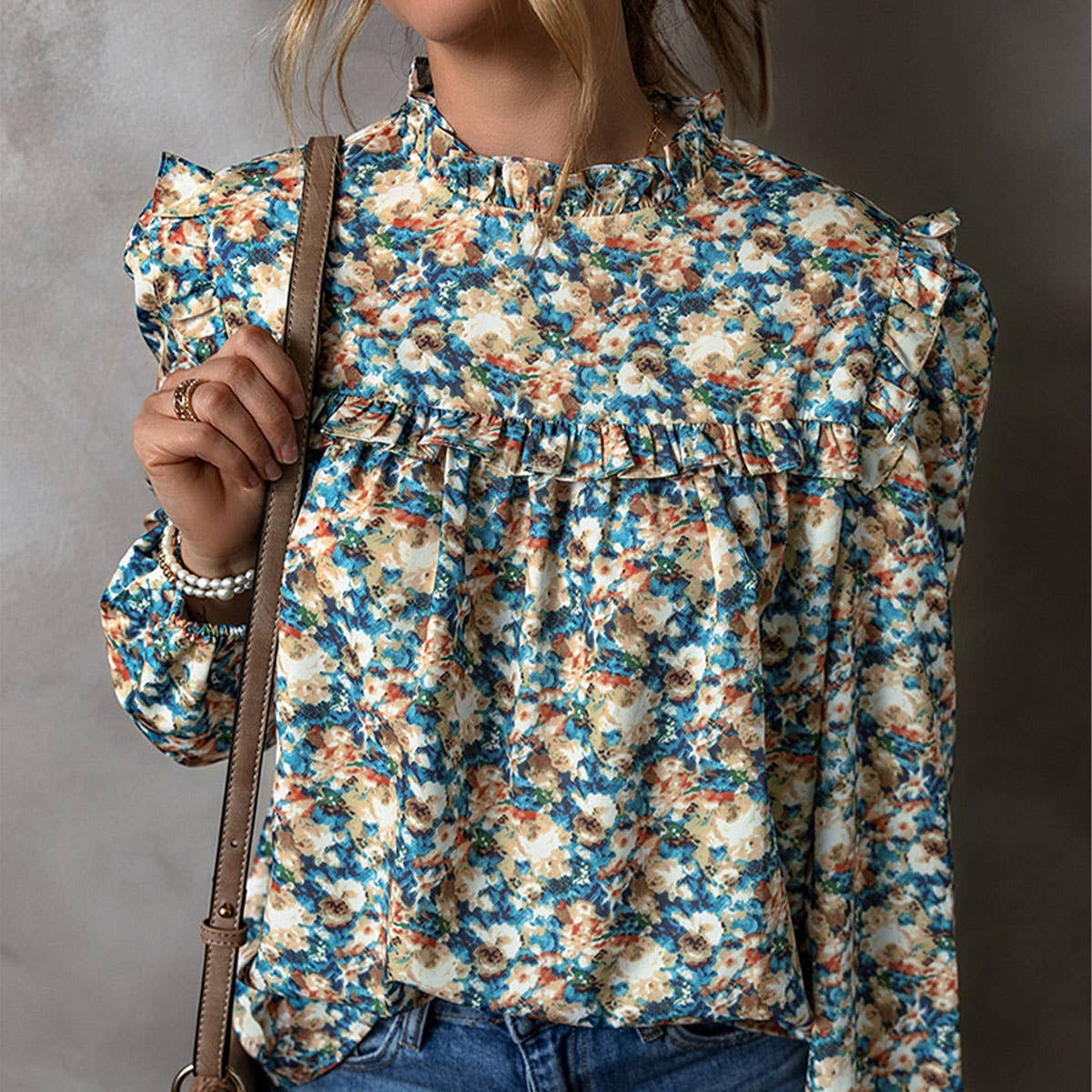 TEMPERAMENT FLORAL PRINTED RUFFLED CHIFFON SHIRT