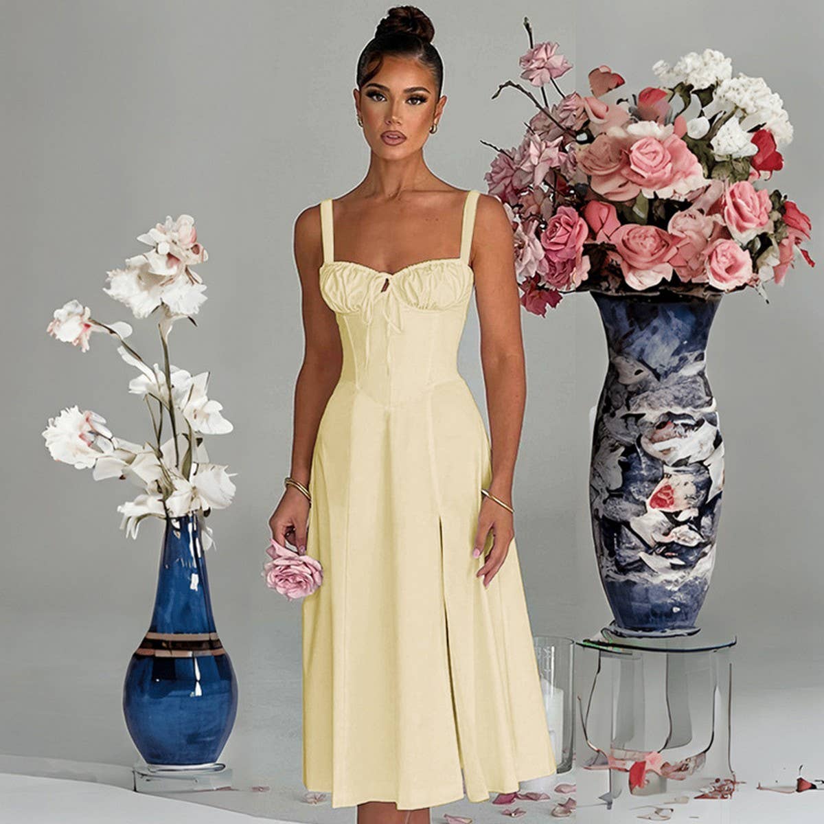 Fashion casual lace-up slim split halter dress