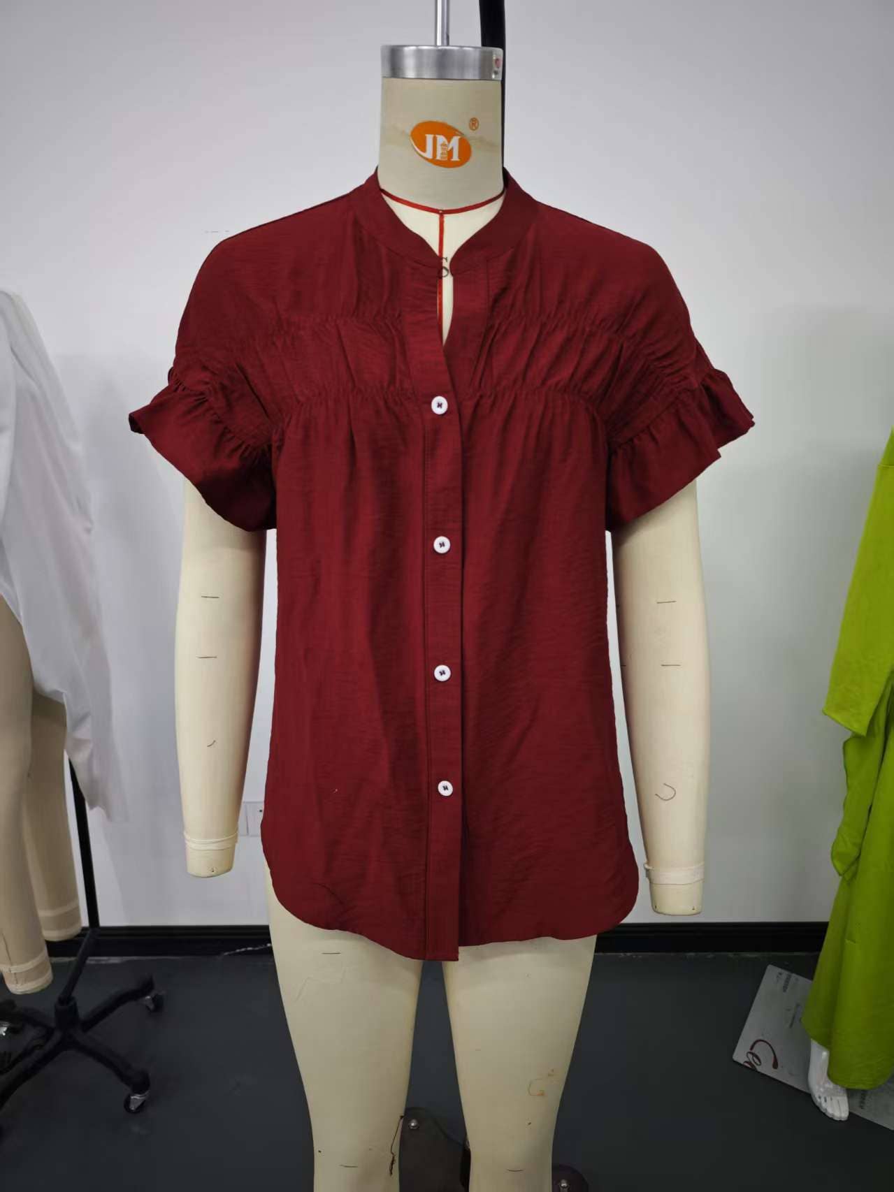 Solid color cotton linen stand-up collar shirt