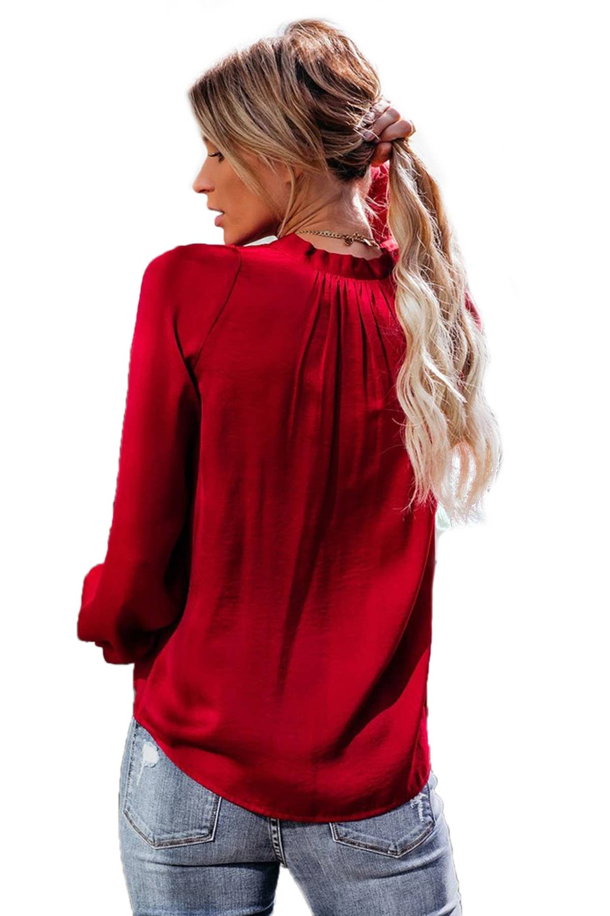 SOLID COLOR V-NECK LACE-UP LONG SLEEVE SHIRT