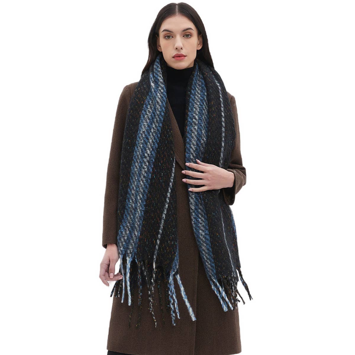 Striped Fringe Scarf ??Winter Knitted Shawl_CWASC0880