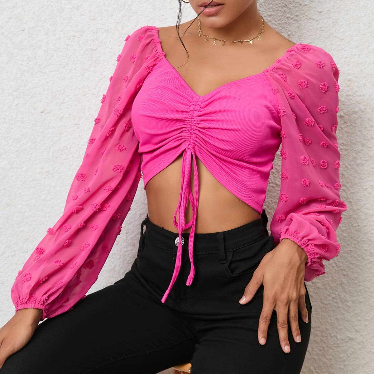 V-neck chiffon drawstring lantern sleeve shirt