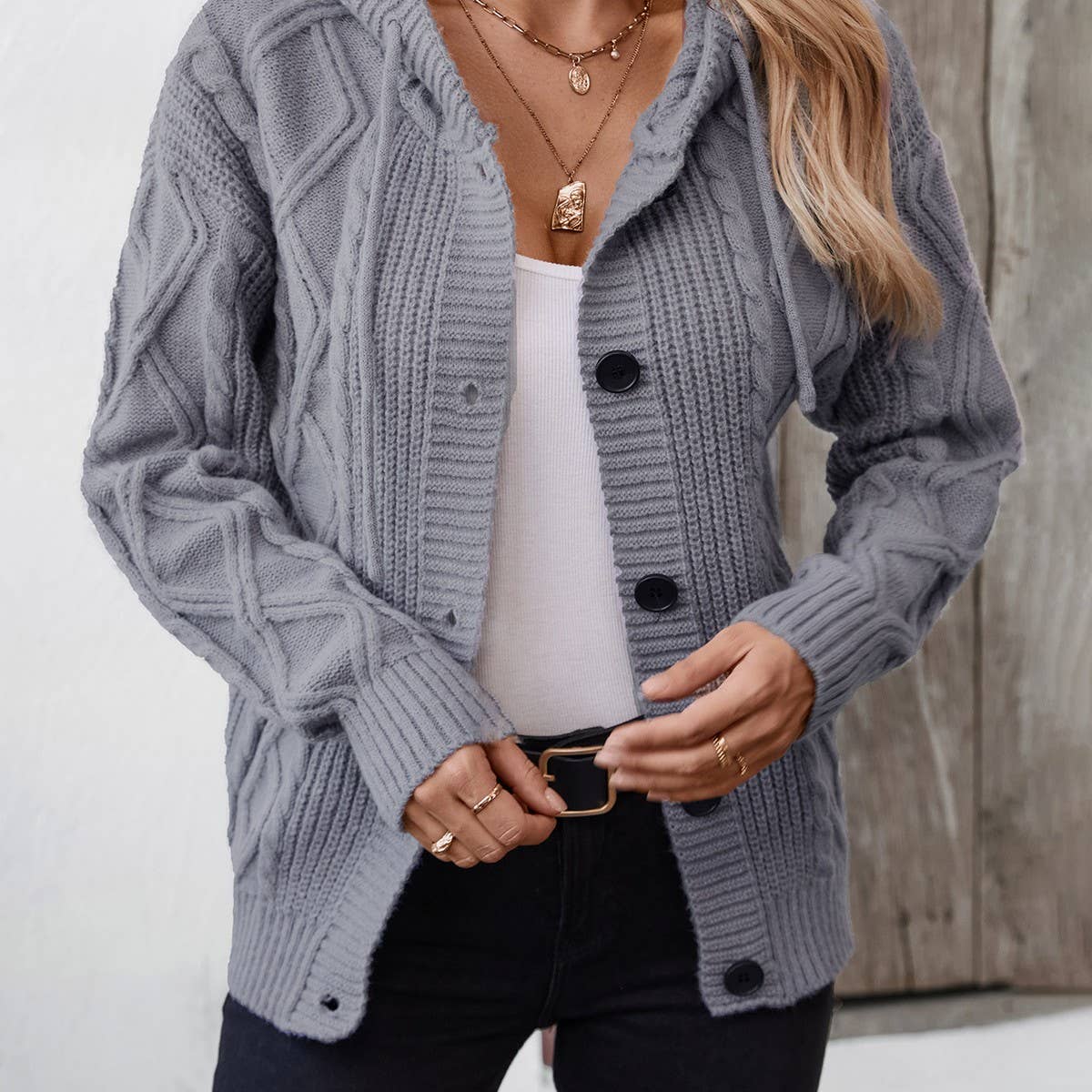 Solid color hooded drawstring single-breasted cardigan