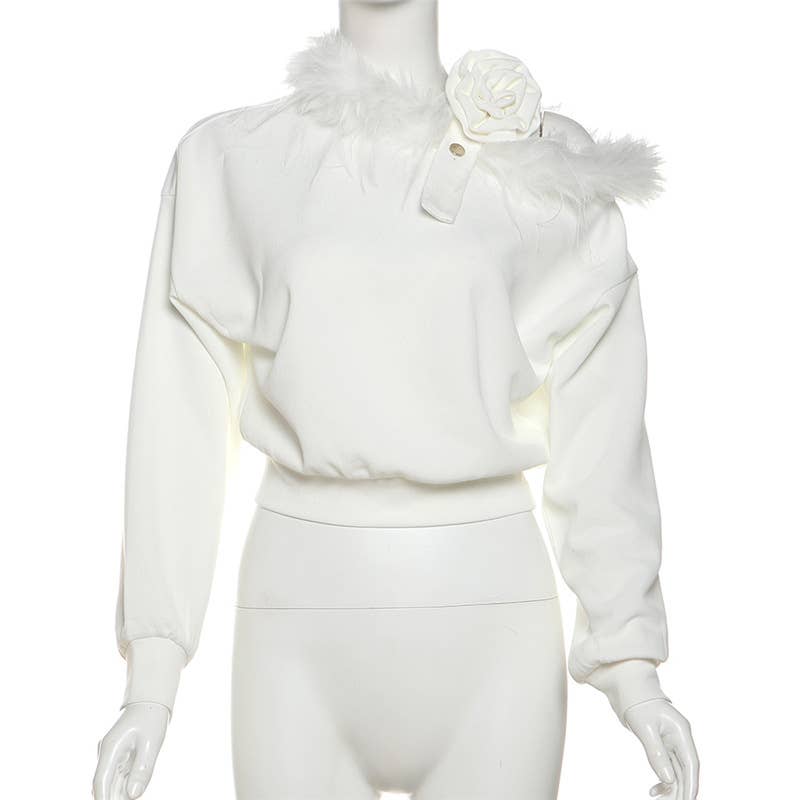 Fleece Collar Stereo Floral Off-The-Shoulder Top