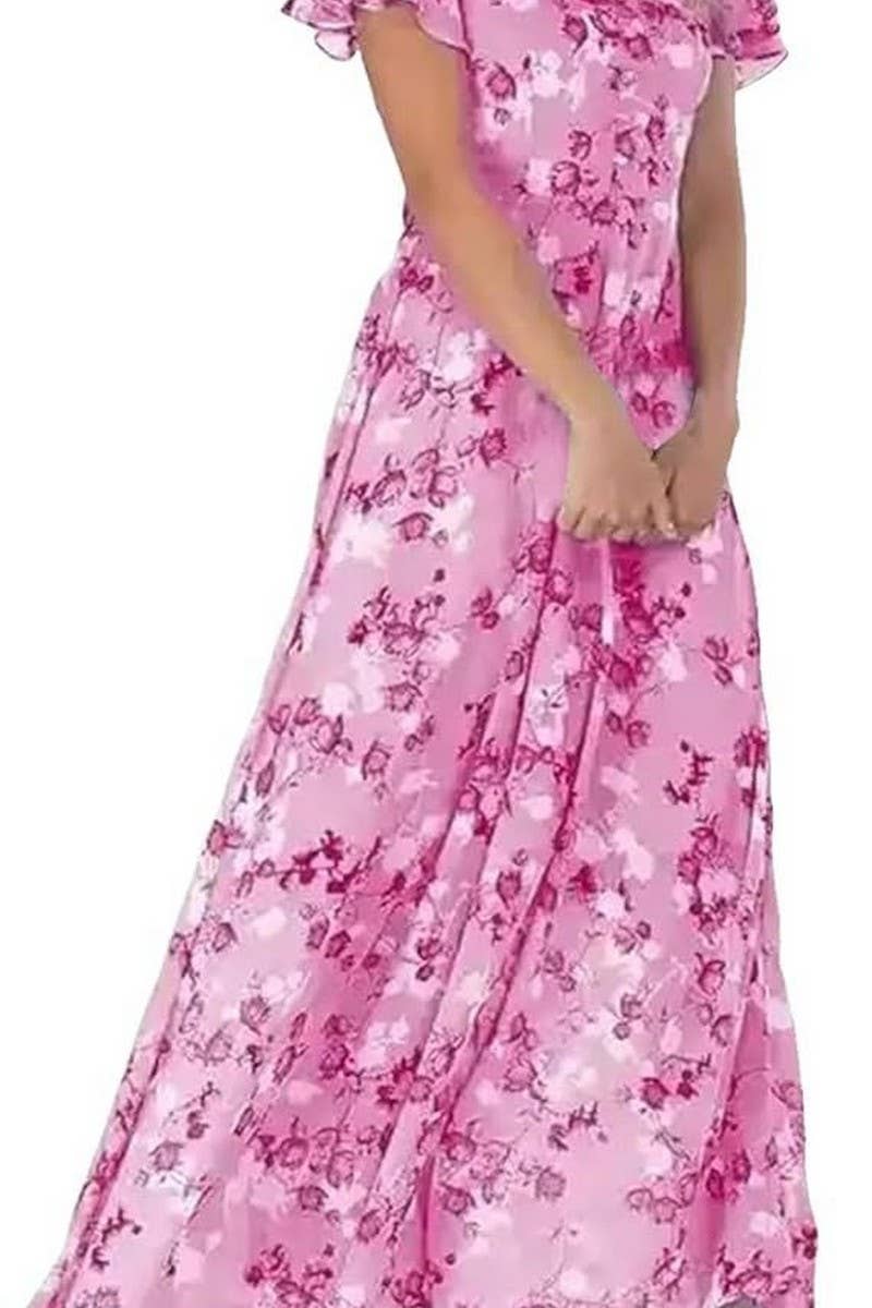 CWDMD01004_CHIFFON FLORAL SHORT SLEEVE RUFFLED V-NECK DRESS