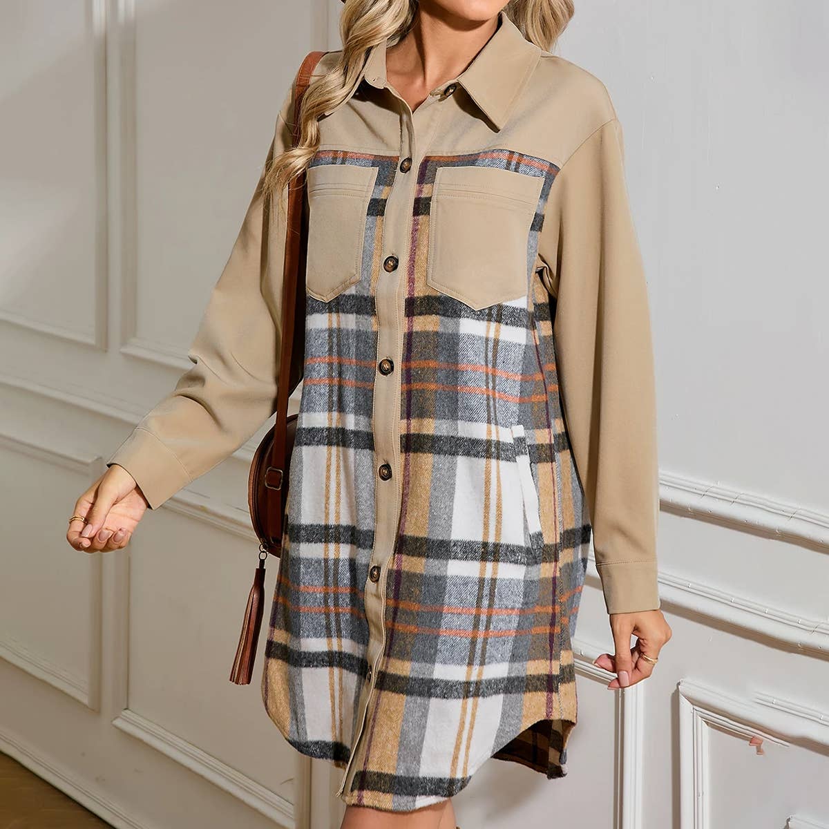 SINGLE BREASTED PLAID LOOSE POCKET SHIRT DRESS