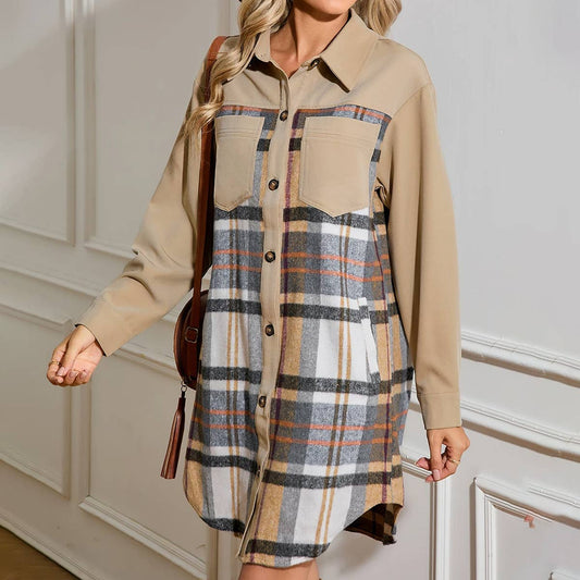 SINGLE BREASTED PLAID LOOSE POCKET SHIRT DRESS