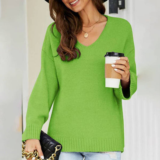 Long sleeve V-neck split solid color pullover