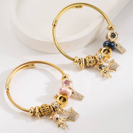 Trendy Beaded Steel Bracelet with Bear & Crown