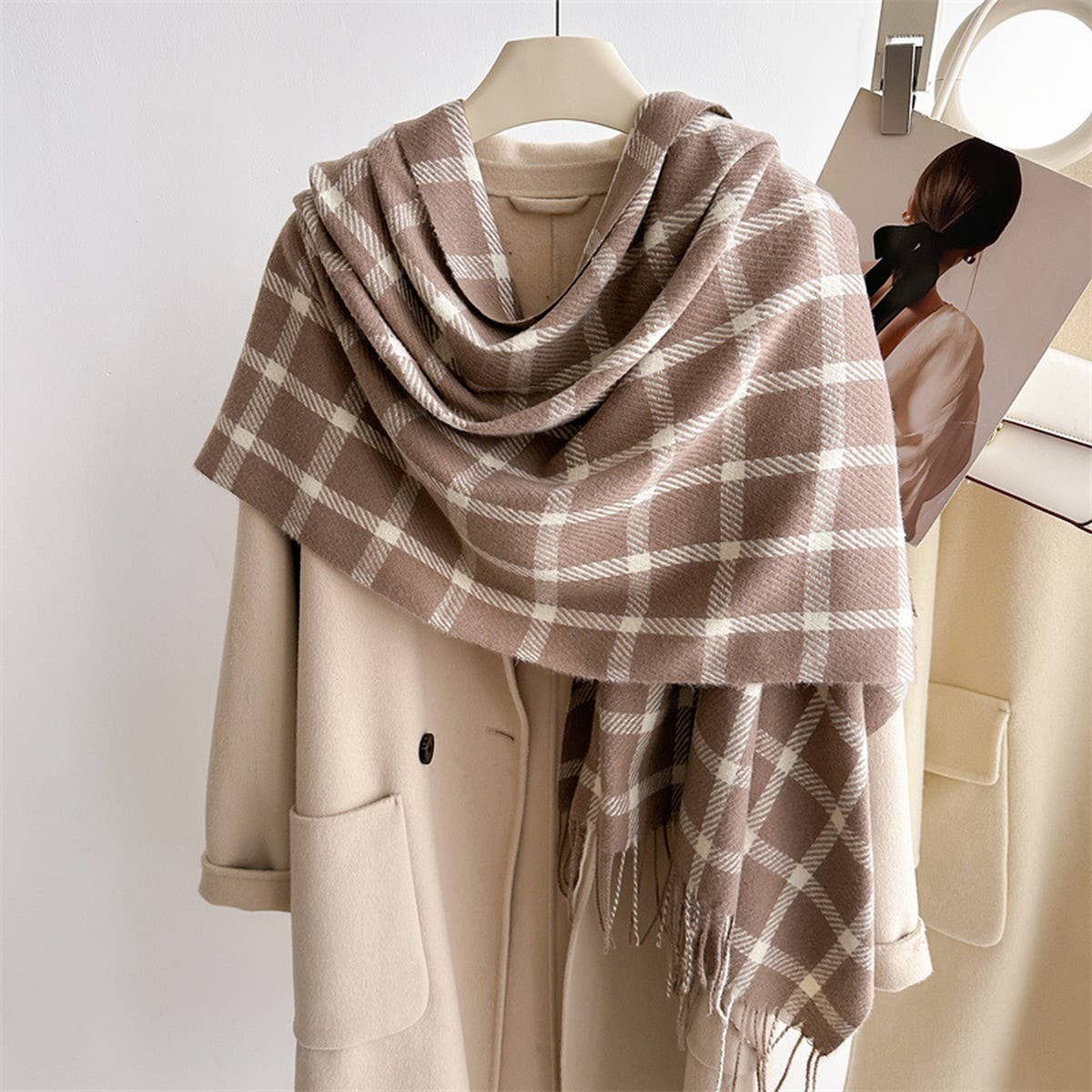 Warm Plaid Wrap Scarf with Soft Fringe Trim