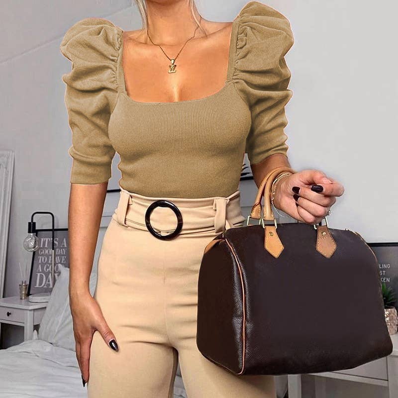 Simple square-neck puffed sleeve short-sleeve top